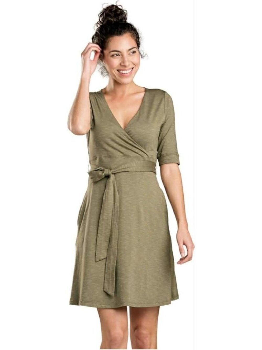Toad&Co Size Small  Dress Wrap 3/4 Sleeve Olive Green Pockets